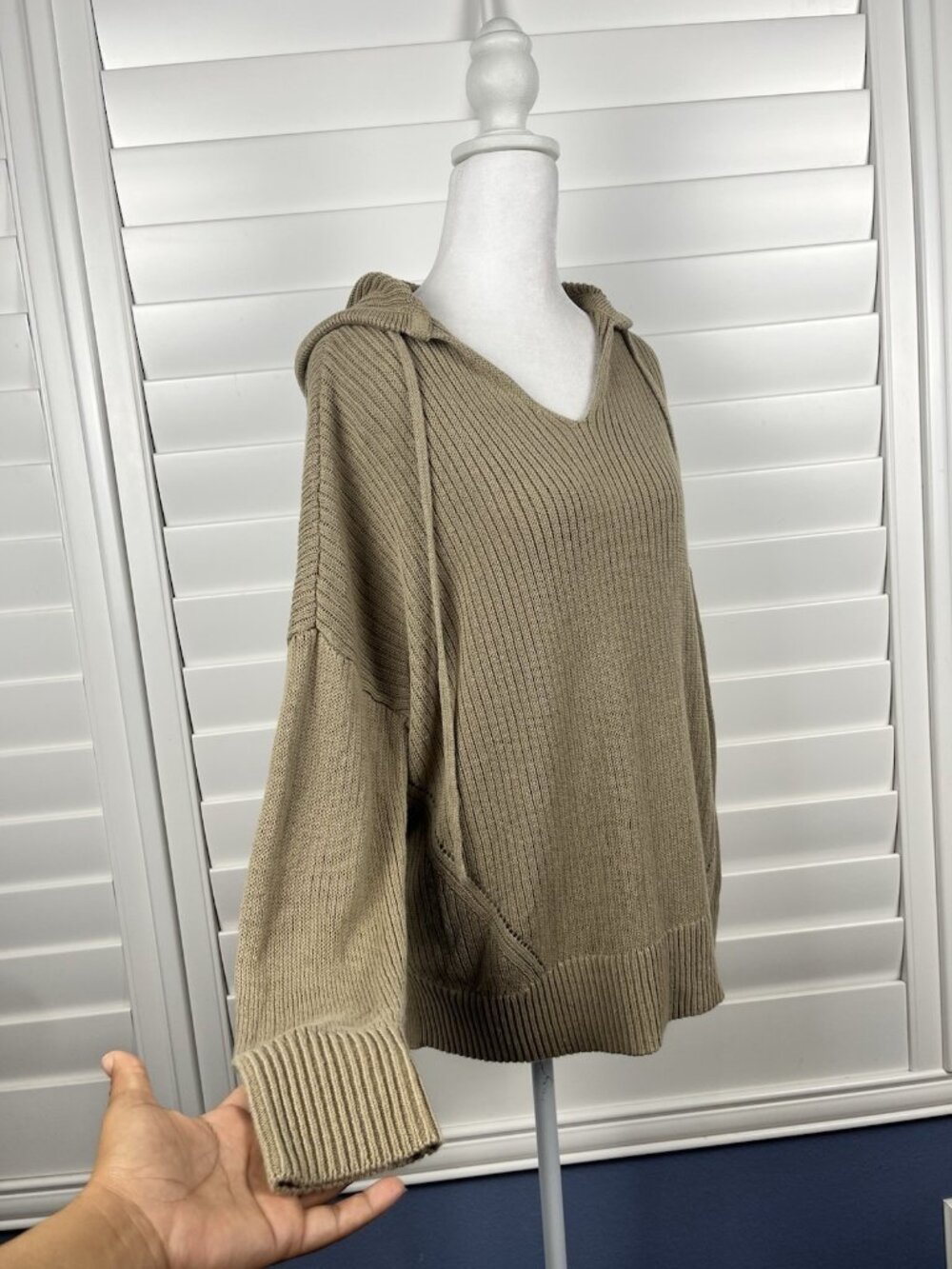 Haven Well Within Women’s Large Tan Linen Cotton Hooded Sweater Oversized Fit - Picture 2 of 6